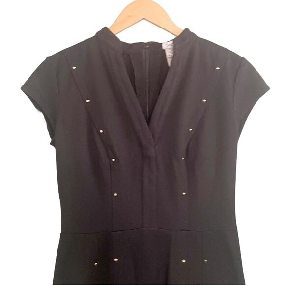 Y2K Cache Bodycon Dress Black Ponte Knit Fitted Gold Stud Studded Sheath Size 6 - Picture 3 of 10